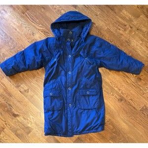 J.Gallery Vintage Down Parka Coat Snap Off Hood Size Small Navy Blue